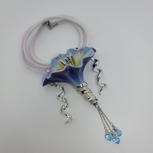 Franz Collection Porcelain Hand Painted Enamel Morning Glory Necklace - Picture 2 of 4
